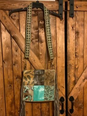 Patchwork Turquoise Fringe Crossbody Bag with Patterned Strap